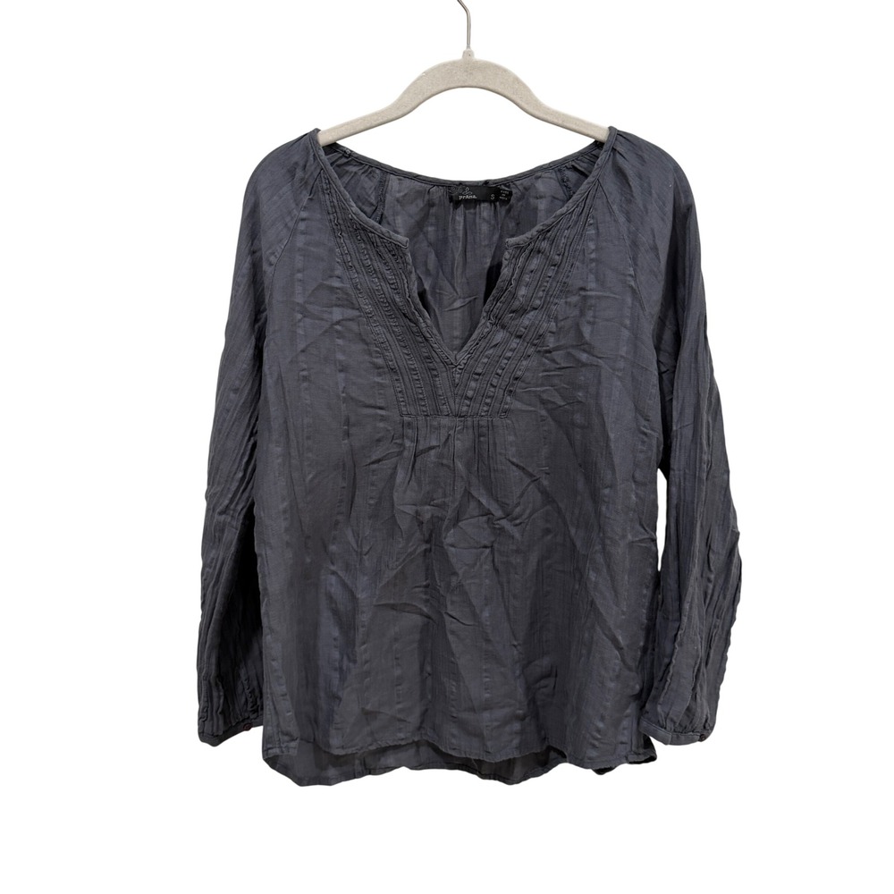 Prana Womens Charcoal Grey Organic Cotton Pintuck Split V-Neck Blouse Small